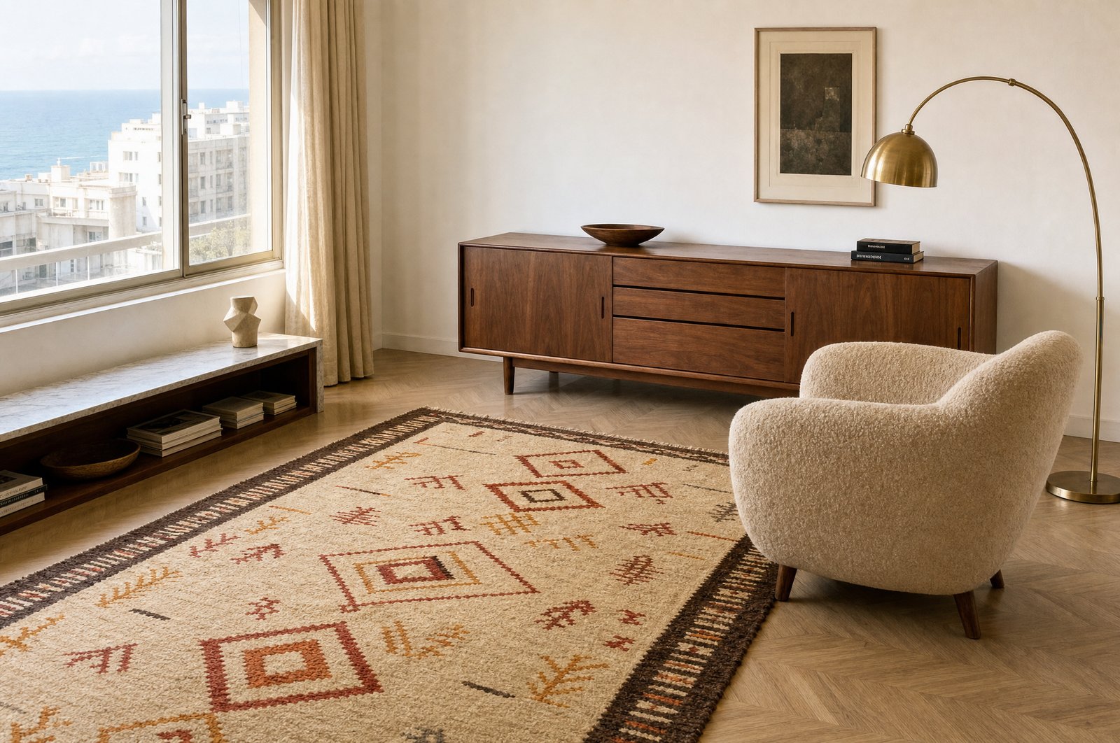 Appartement moderniste à Alger avec vue Méditerranée, sideboard walnut mid-century, fauteuil bouclé, tapis hanbel sur parquet point de Hongrie