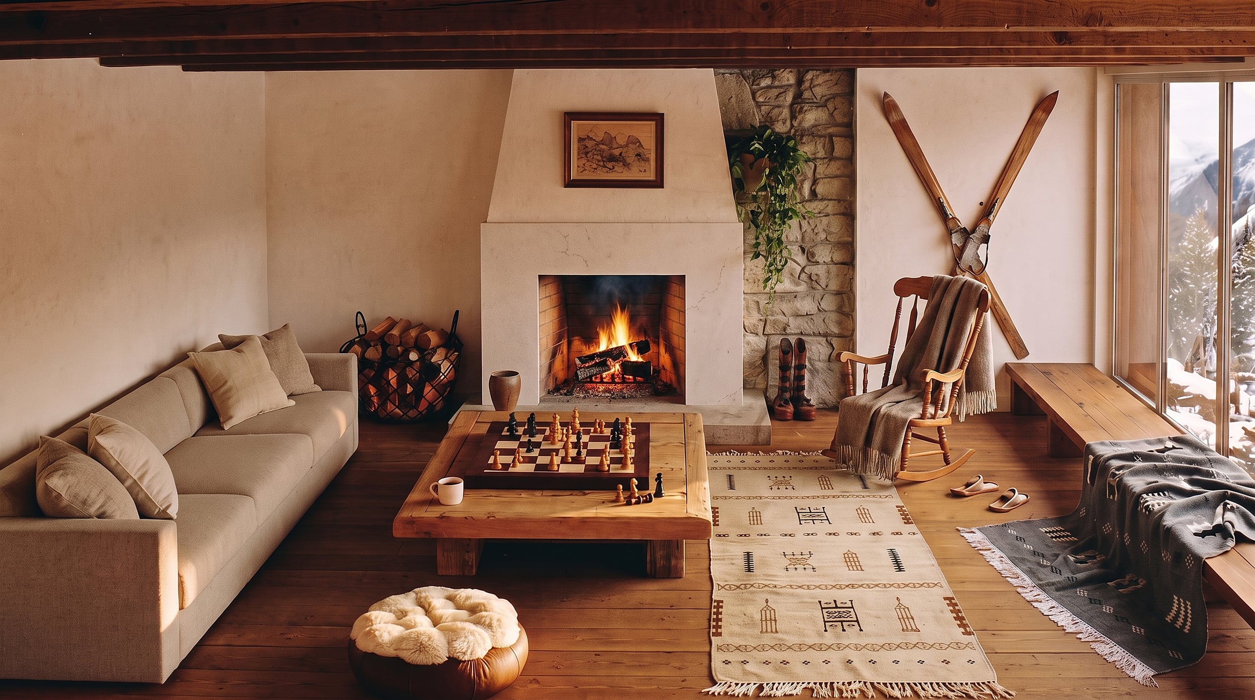 Salon de chalet rustique et chaleureux, tapis beige en runner au sol et hanbel anthracite drapé sur un banc face à une fenêtre enneigée, cheminée en pierre, rocking-chair