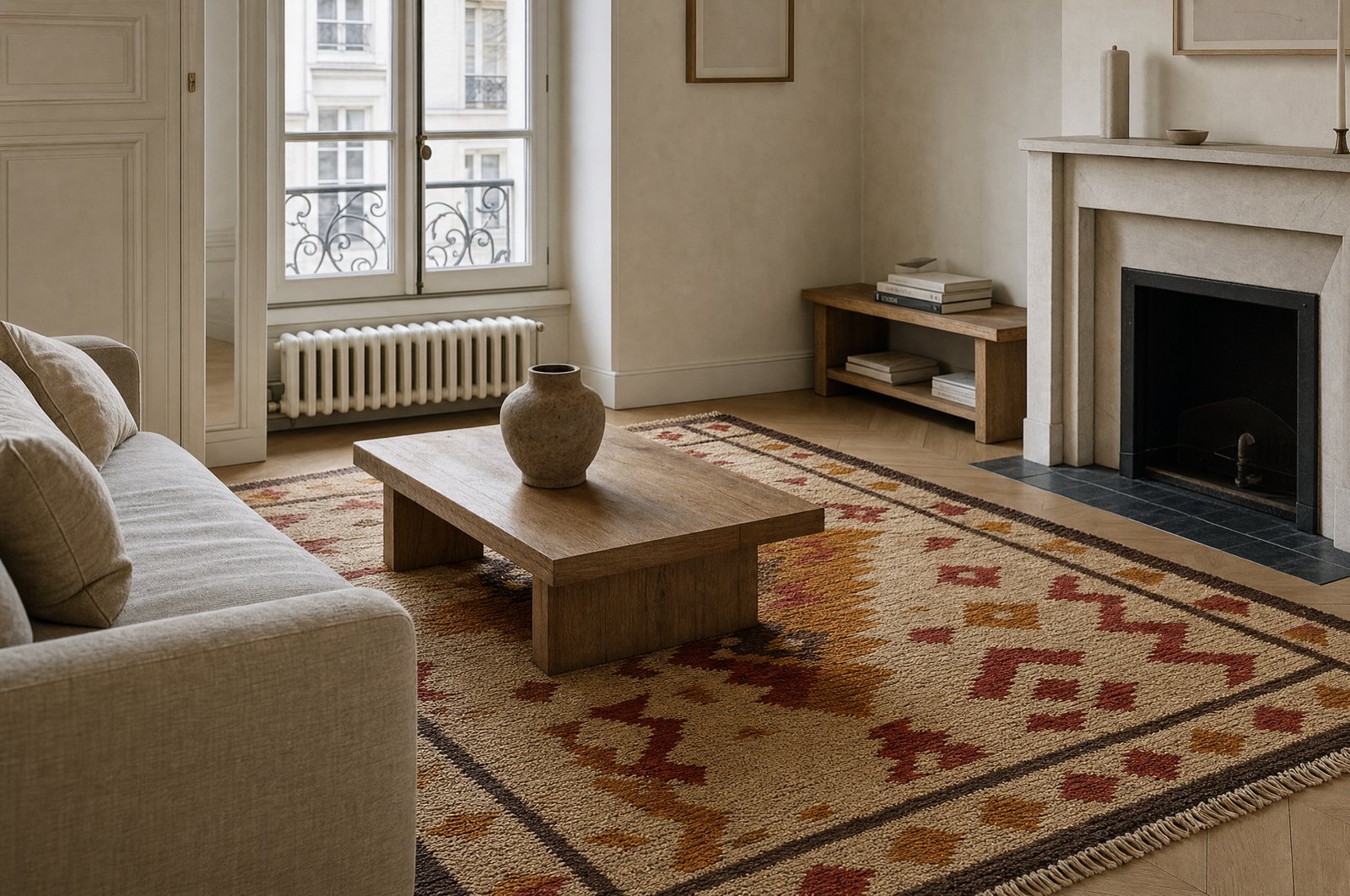 Salon parisien haussmannien, cheminée en pierre claire, sofa lin clair, tapis hanbel devant la cheminée