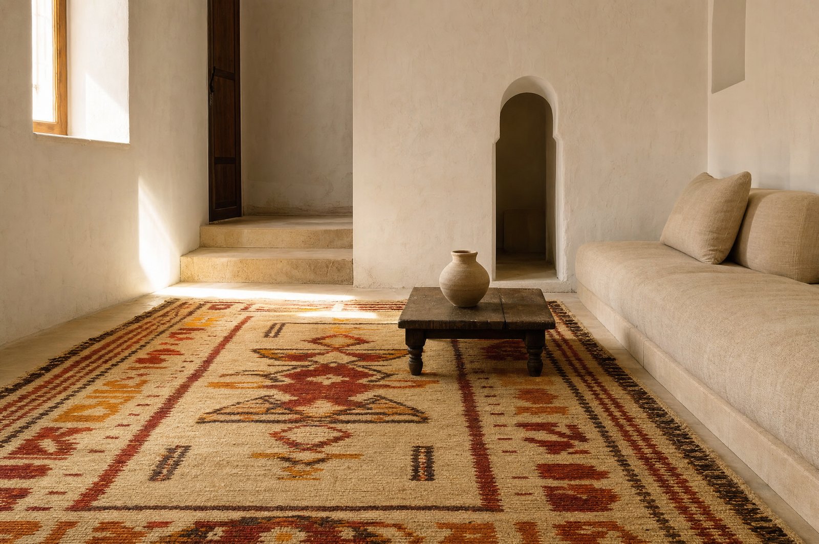 Salon dans une maison mozabite traditionnelle, plâtre cream, escalier, porte arquée au fond, tapis hanbel au sol