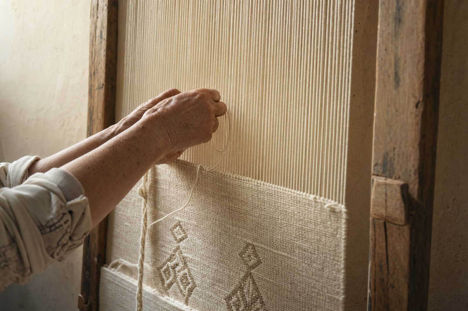 Mains de tisserande au travail sur un métier vertical, fil de laine en cours de tressage, atelier du M’zab