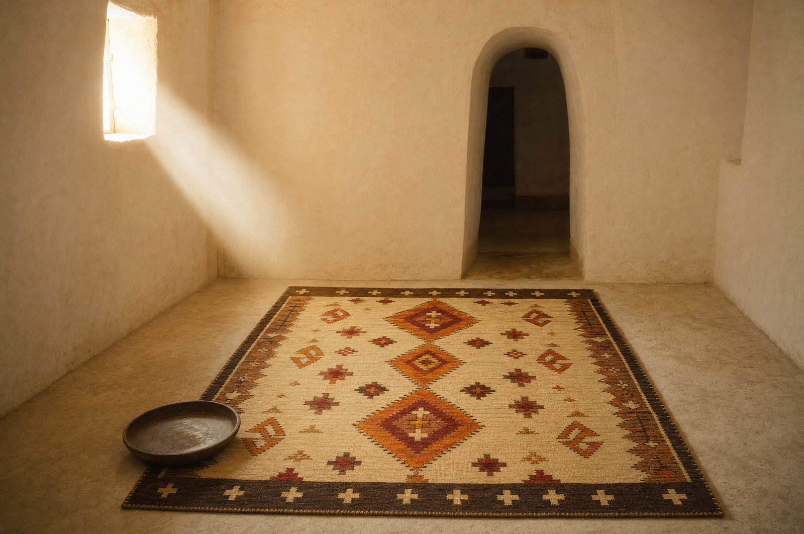 Tapis hanbel posé dans une pièce traditionnelle mozabite, lumière saharienne en rayon par une fenêtre haute, sol en plâtre clair, porte arquée en arrière-plan
