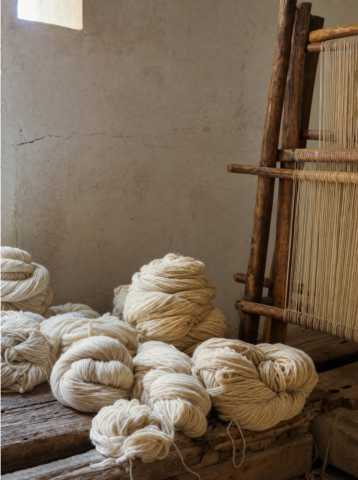 Fil de laine roulé en pelote, fibres naturelles écrues prêtes pour le métier